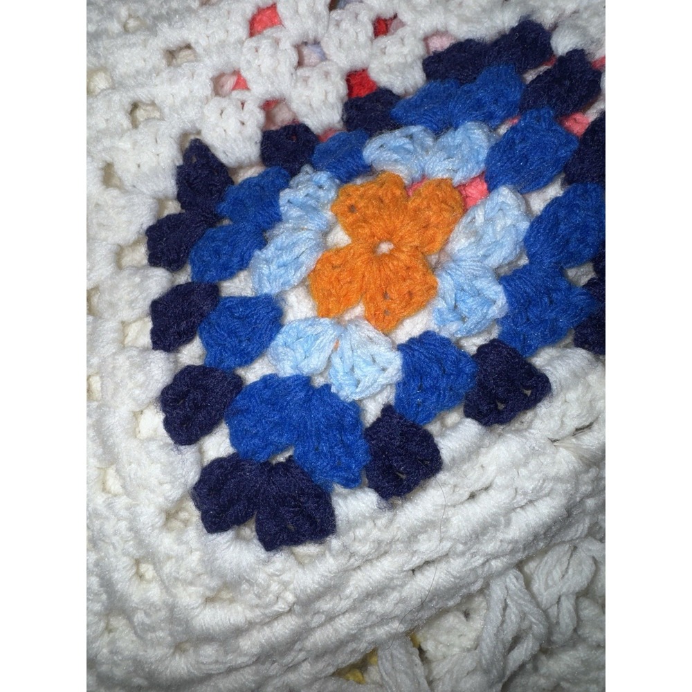 VTG Hand Crochet Granny Square Afghan Blanket 78x100 White Multi Fringe Cottage - Picture 3 of 5